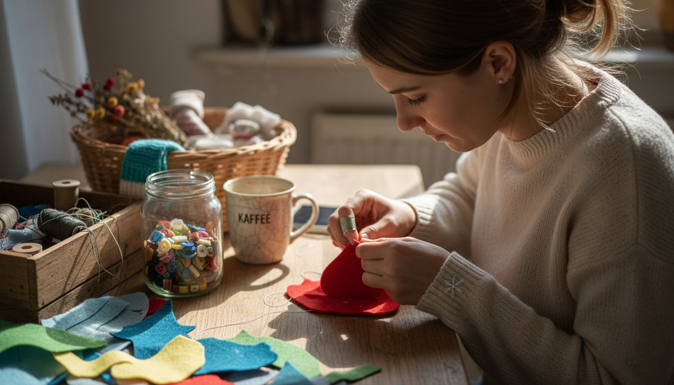 Eine Frau bastelt liebevoll ein Geschenk in Herzform.