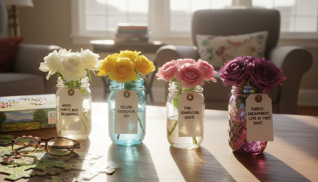 Colorful rose bouquets labeled with meanings