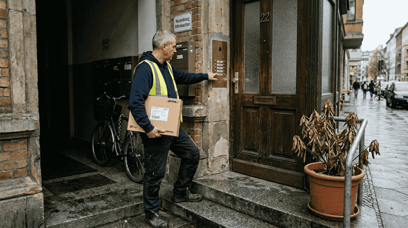 Ein Kurier bringt ein Paket bis direkt an die Wohnungstür in der Stadt.
