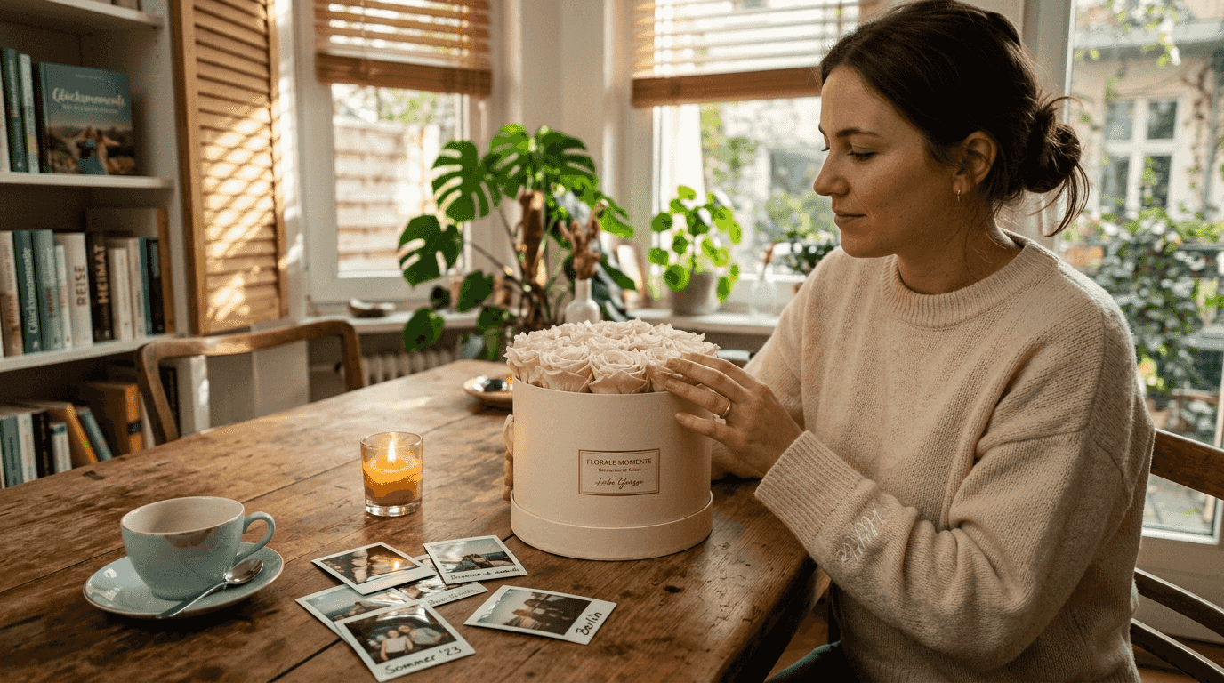 Eine Frau arrangiert liebevoll eine exklusive Rosenbox mit haltbaren, edlen Blüten.