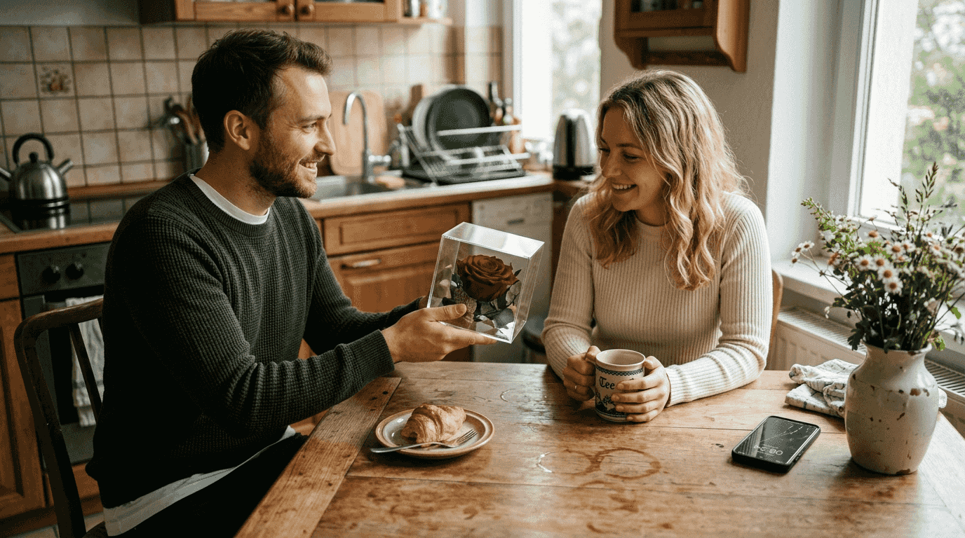 Während des Frühstücks überreicht ein Mann seiner Partnerin eine haltbare Rose – ein kleiner Liebesbeweis am Morgen.