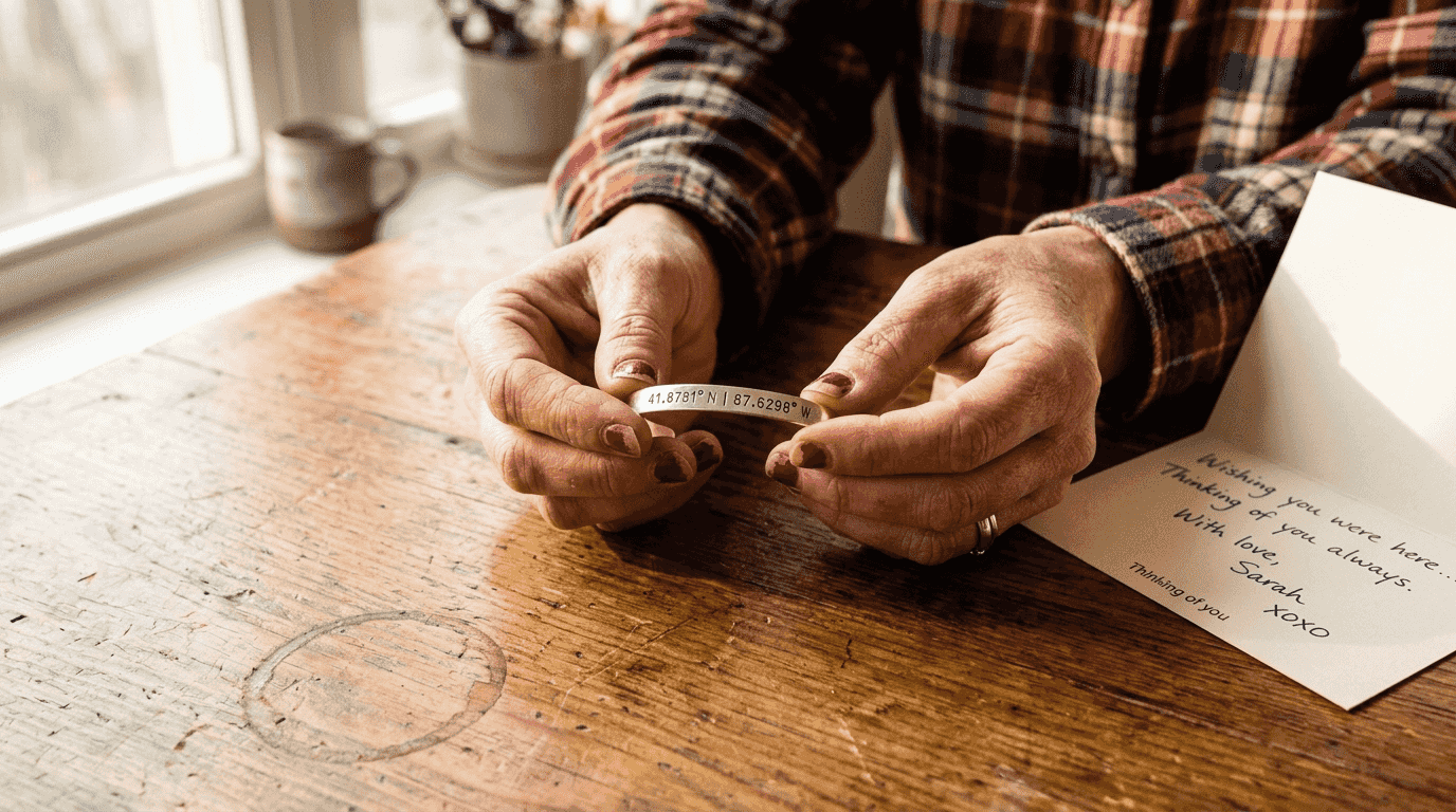 Hands holding engraved bracelet on table