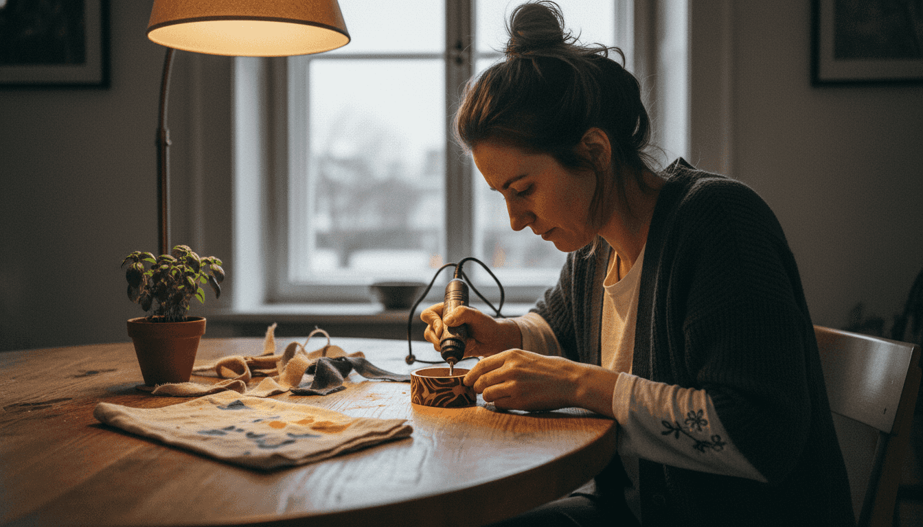 A woman sits at a table, creating a sustainable gift completely personalized.