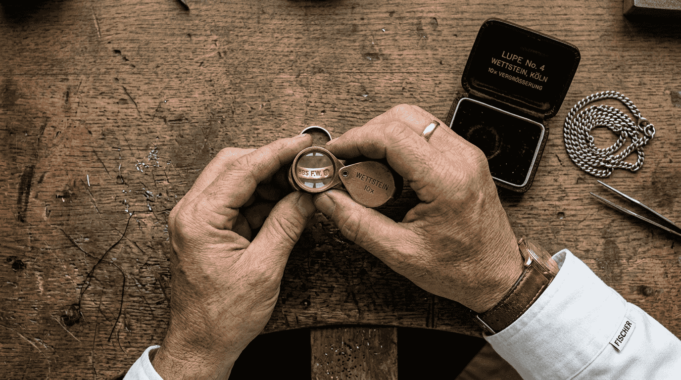 Aus nächster Nähe kontrolliert der Goldschmied den Stempel auf sopfekt.