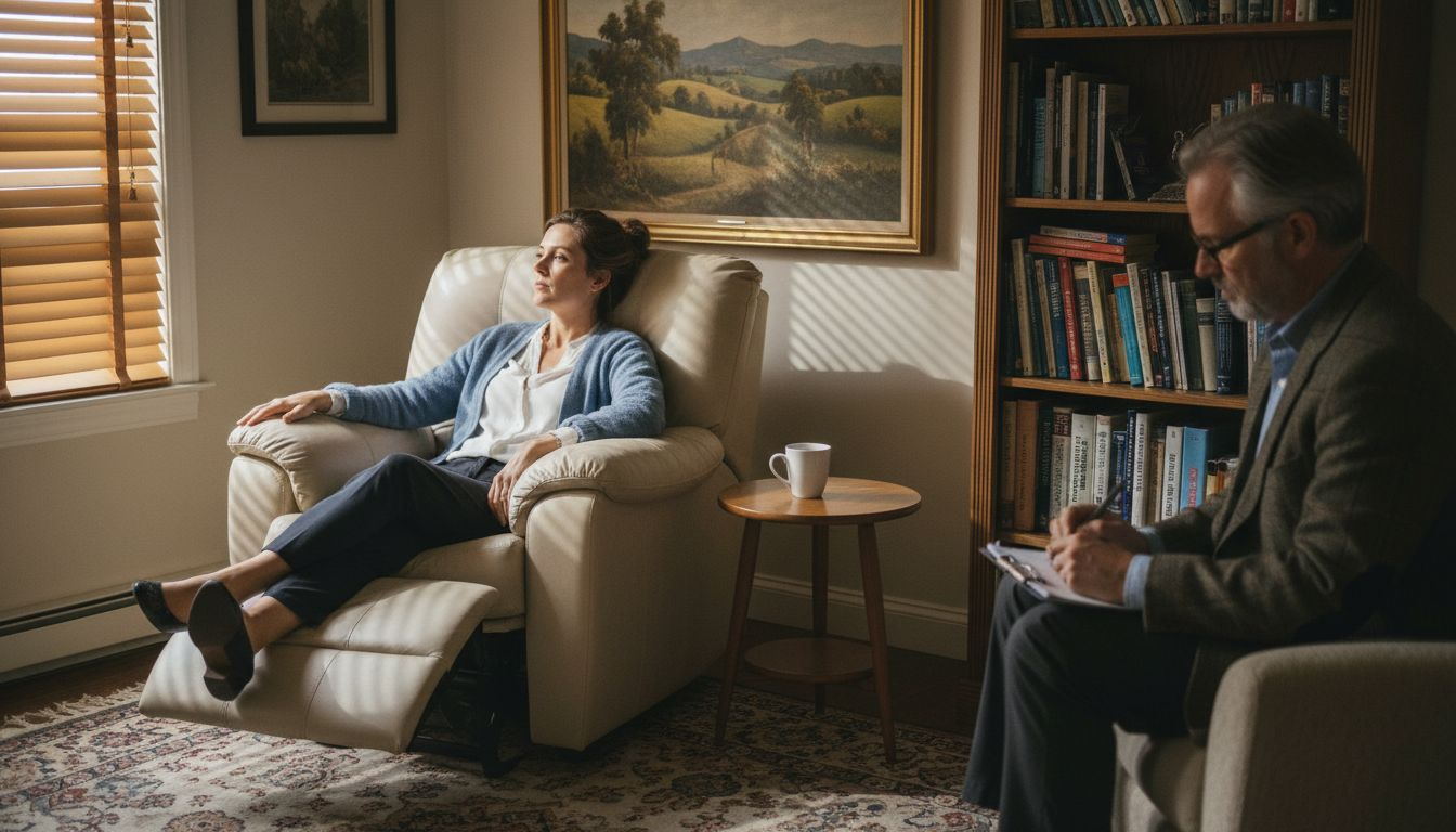 Expat woman in therapy session for anxiety