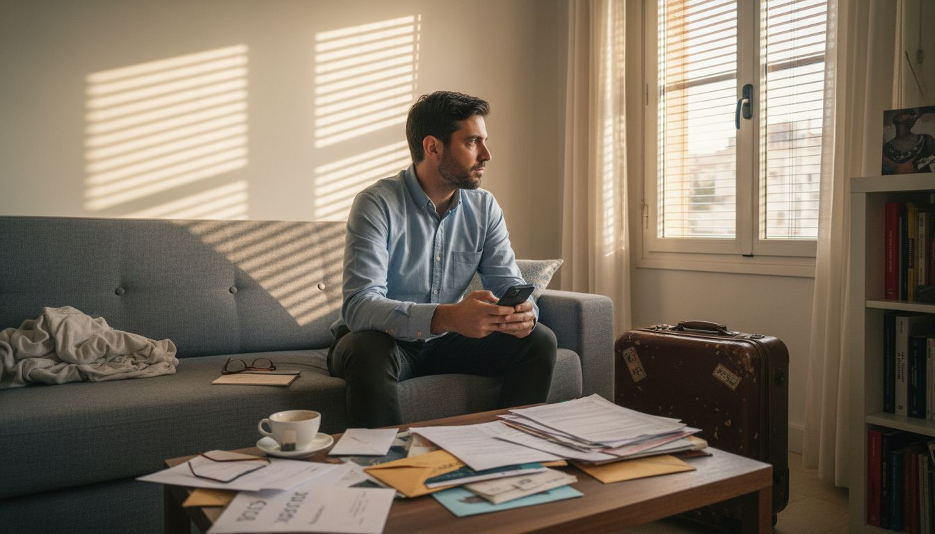 Expat man feeling stressed in Madrid apartment