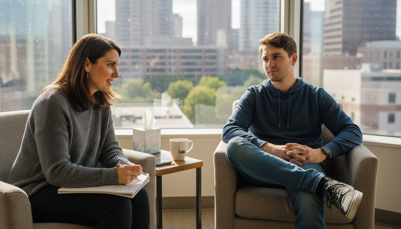 Therapist and client in sunlit office session
