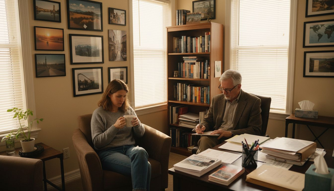 Expat talking to therapist in sunny office