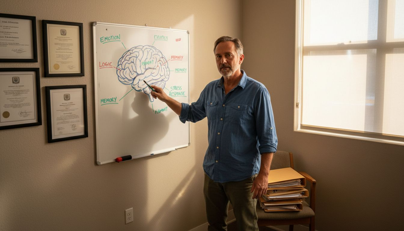 Therapist explaining rapid therapy with brain diagram