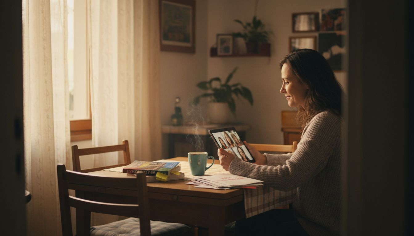 Expat video calling family at kitchen table