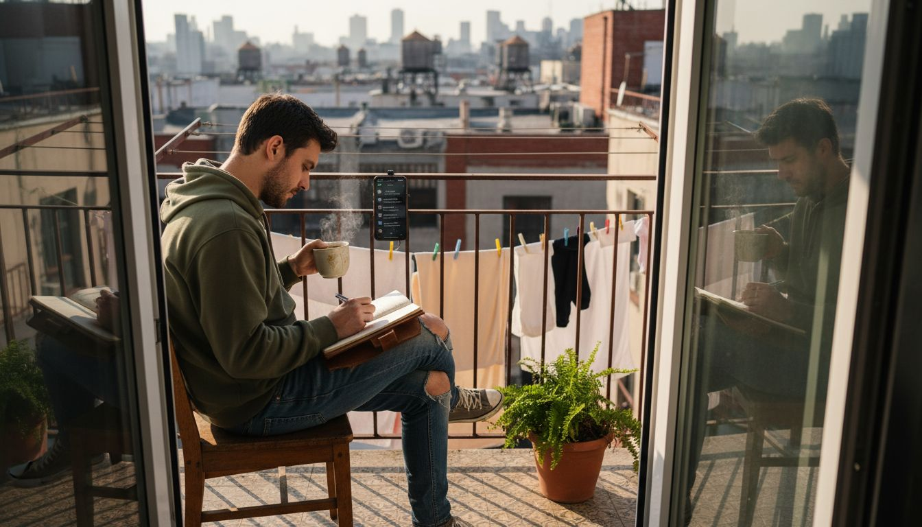 Man journaling resilient strategies balcony morning