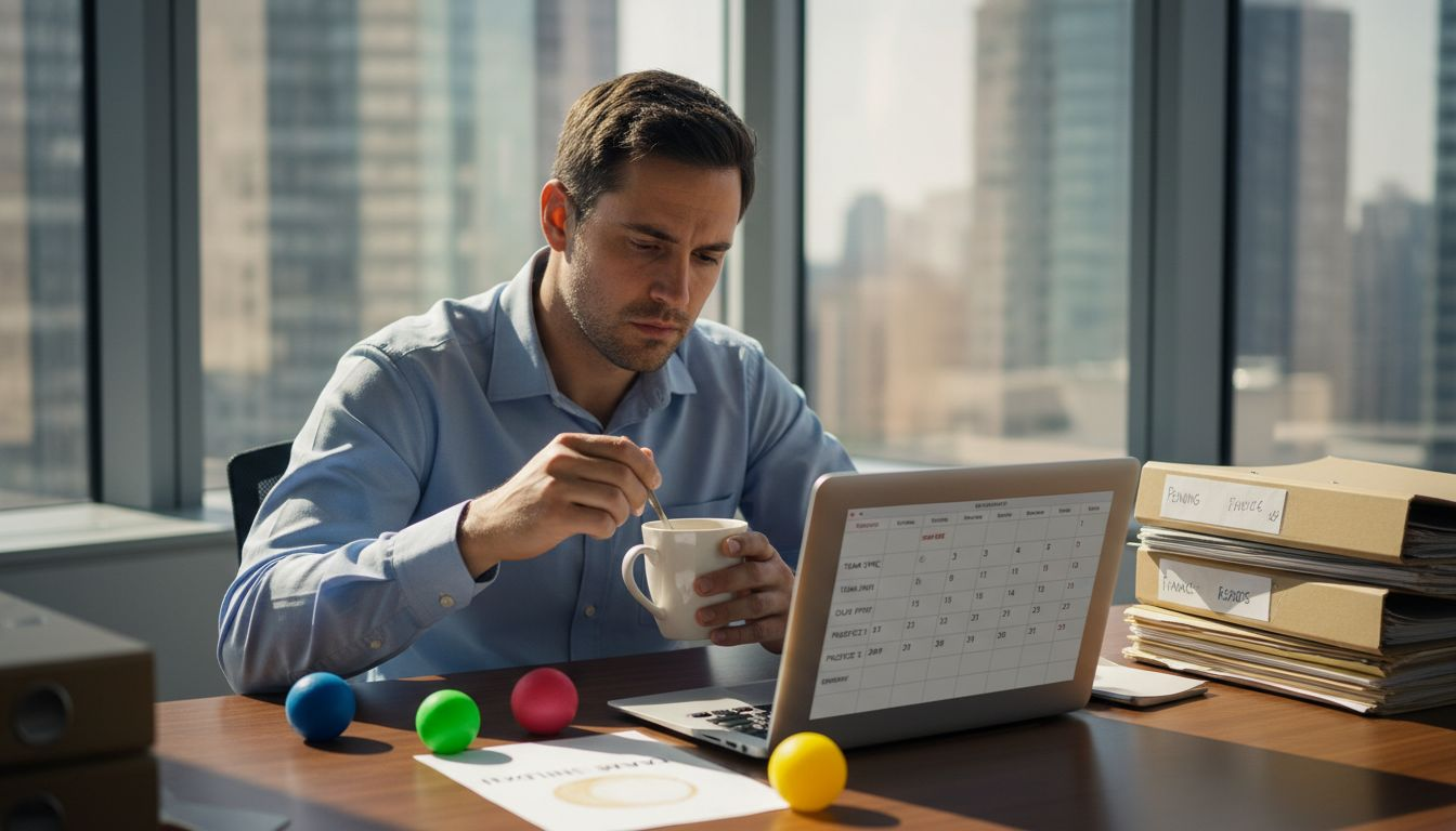 Burnout-fatigued man in messy corner office
