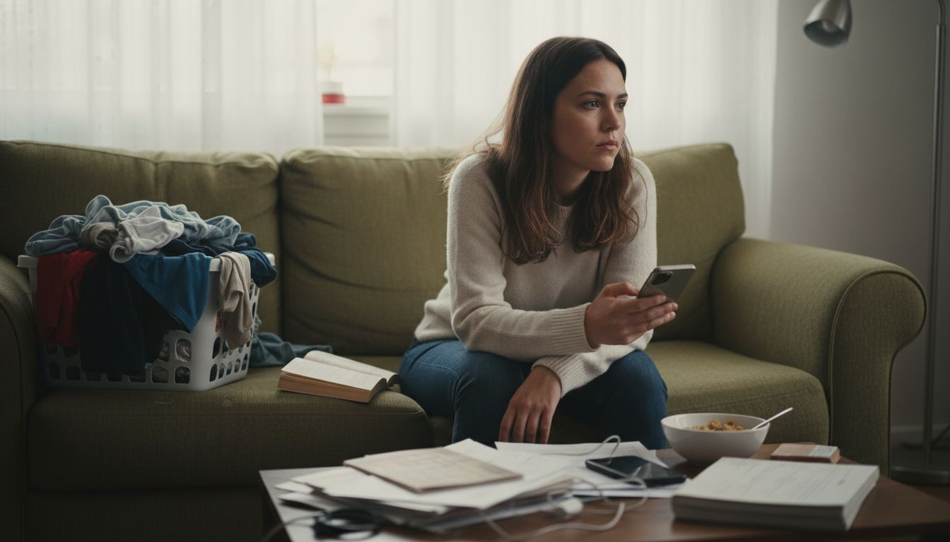 Woman showing emotional burnout symptoms at home