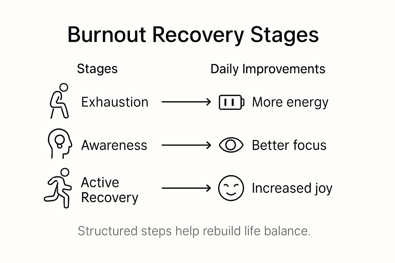 Infographic showing burnout recovery stages and improvements