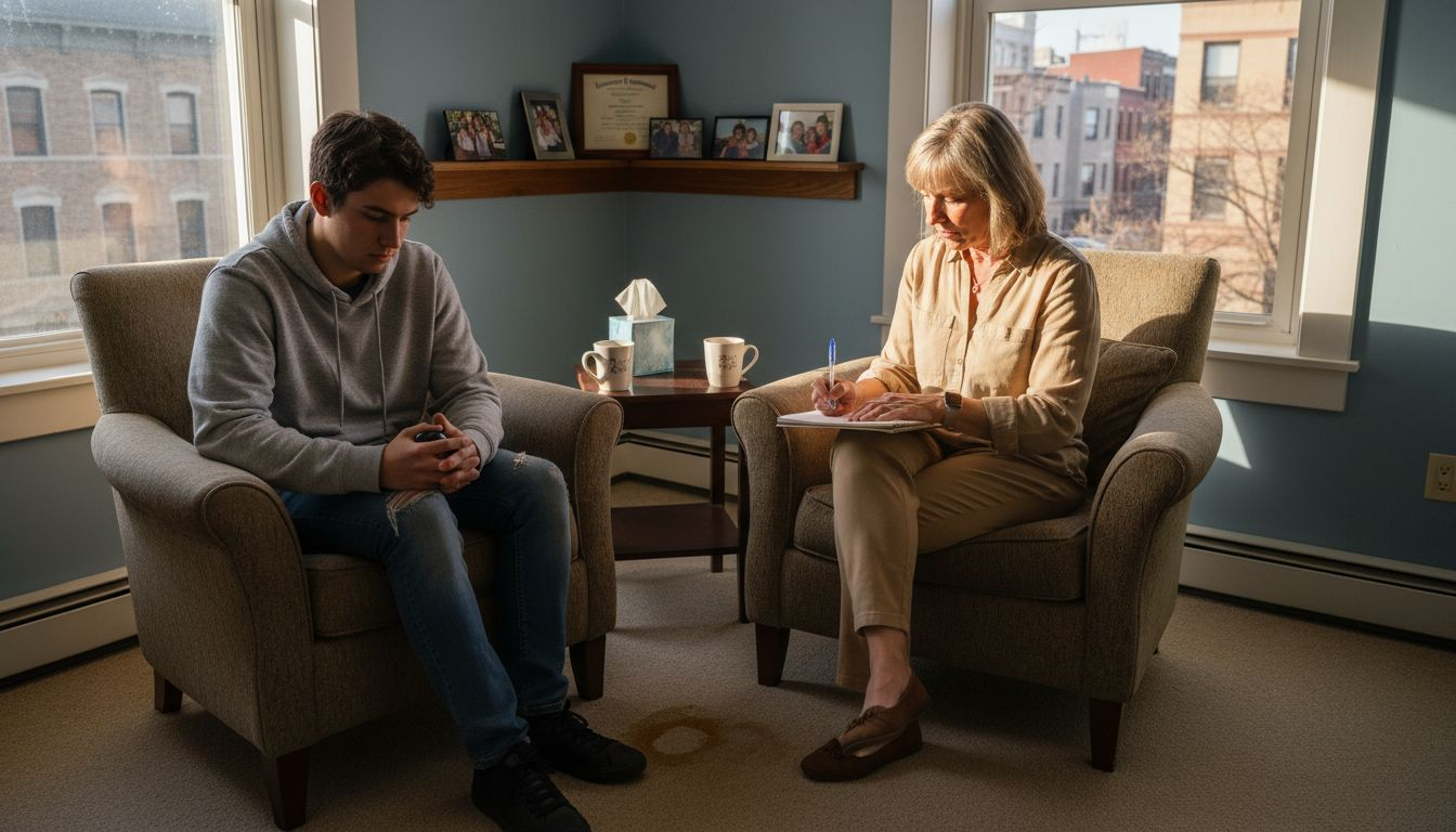 Therapist and client in trauma therapy office