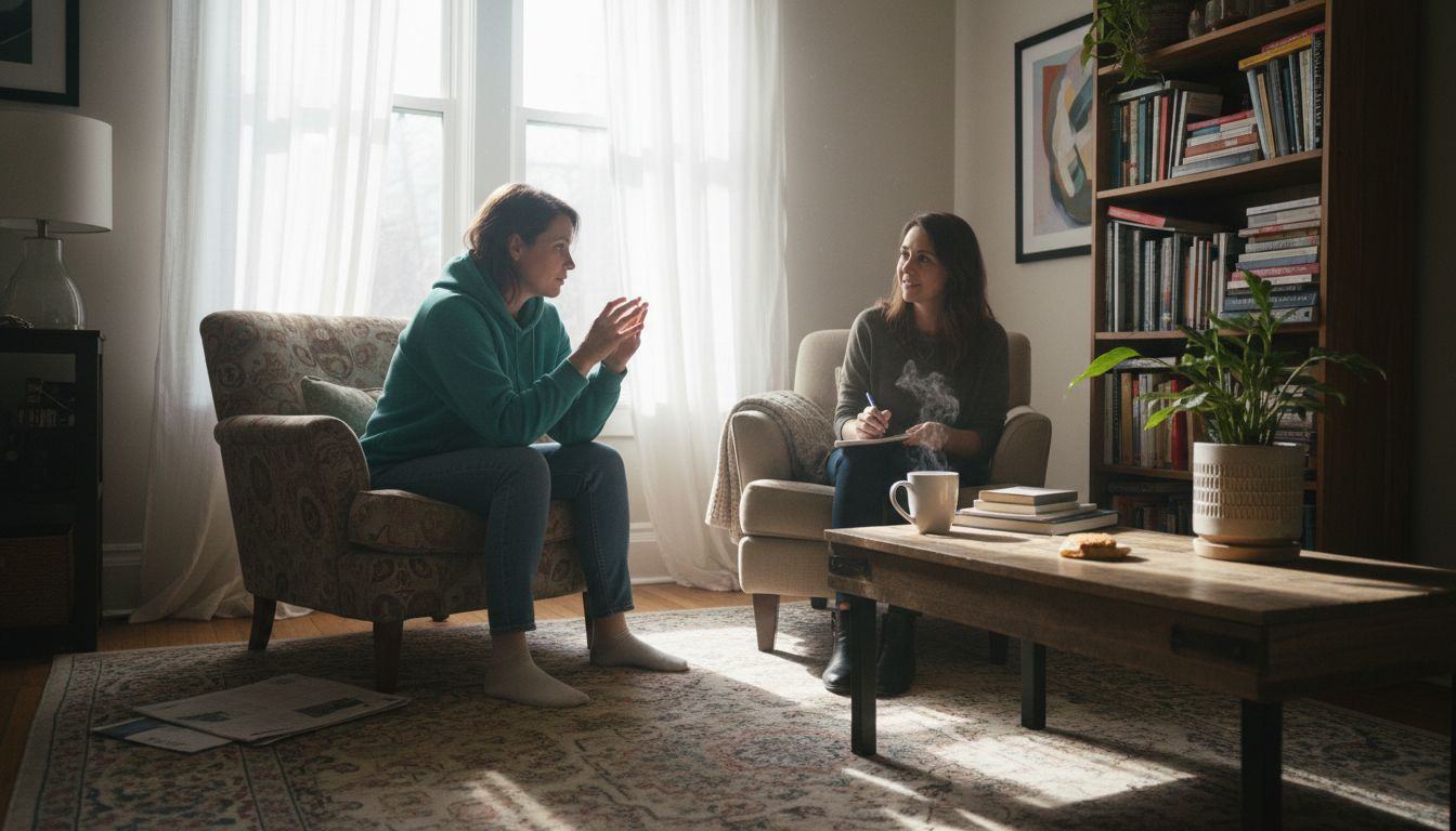 Expat woman in home therapy session