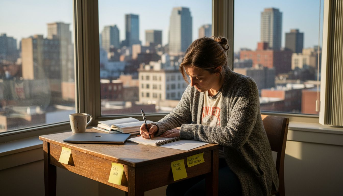 Woman journals burnout assessment at desk