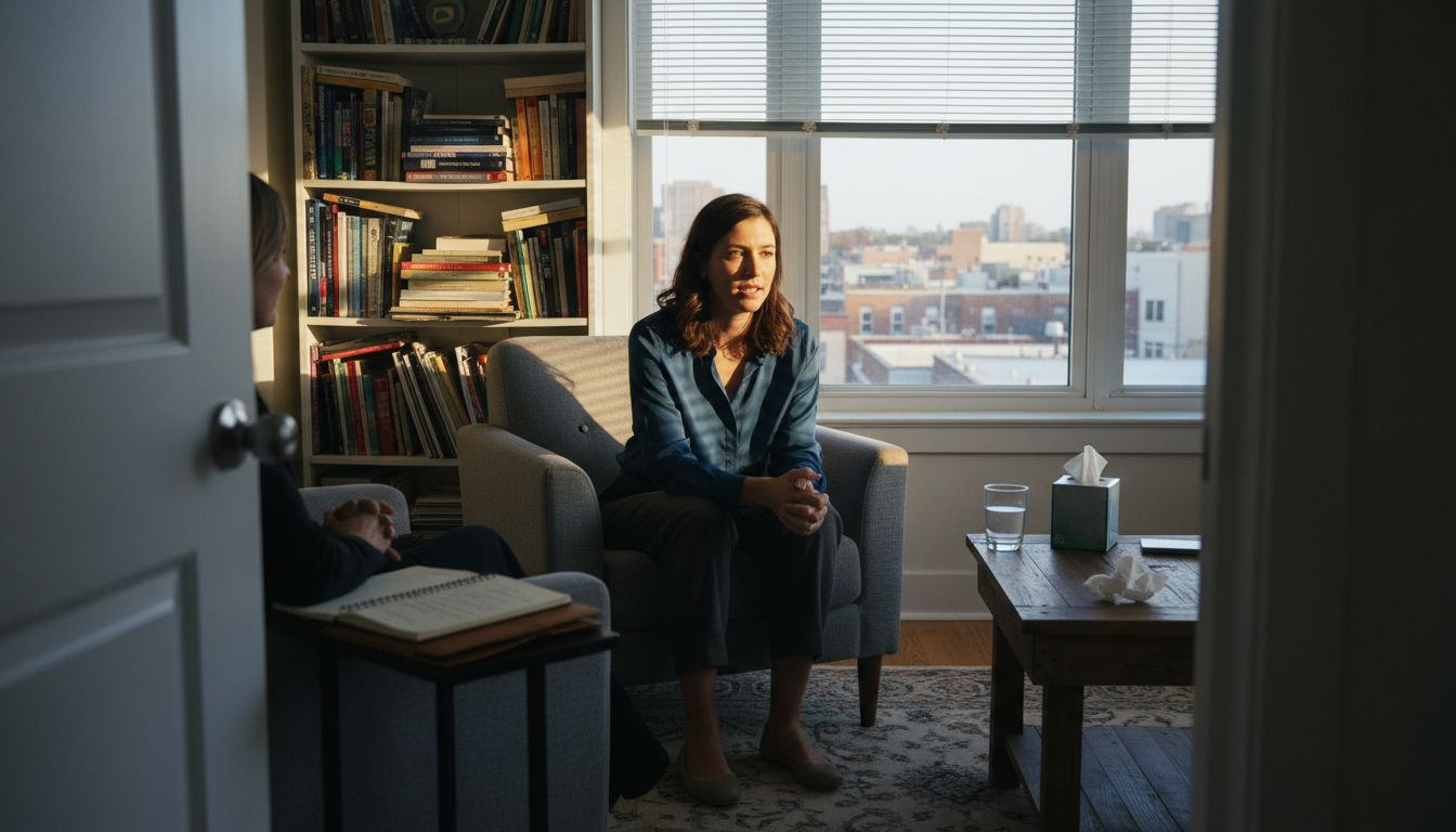Woman talking with therapist in sunlit office