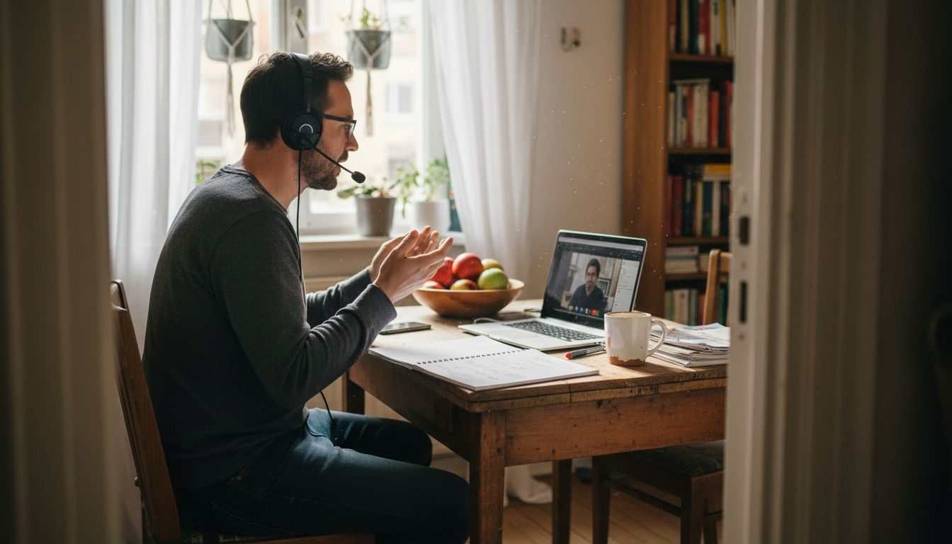 Expat video calling therapist in casual home setting