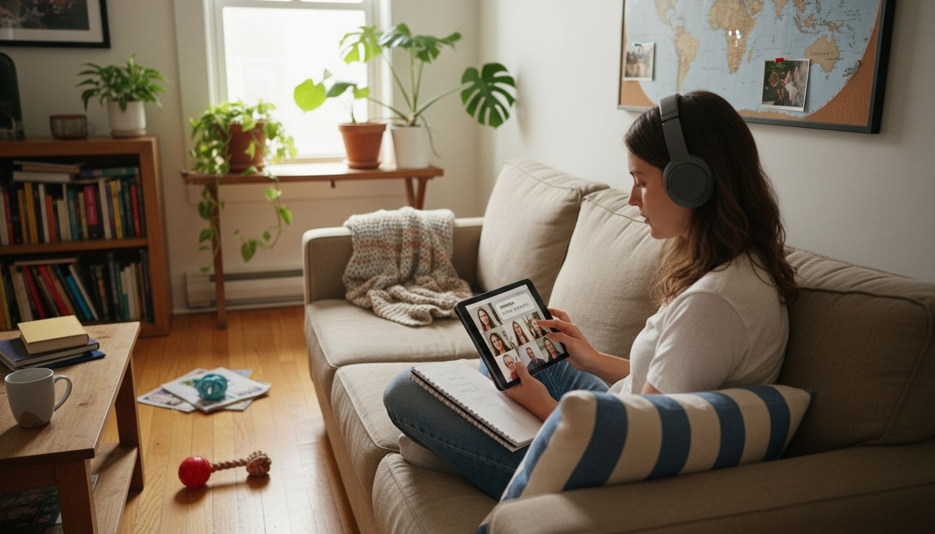 Woman in online therapy session in relaxed home