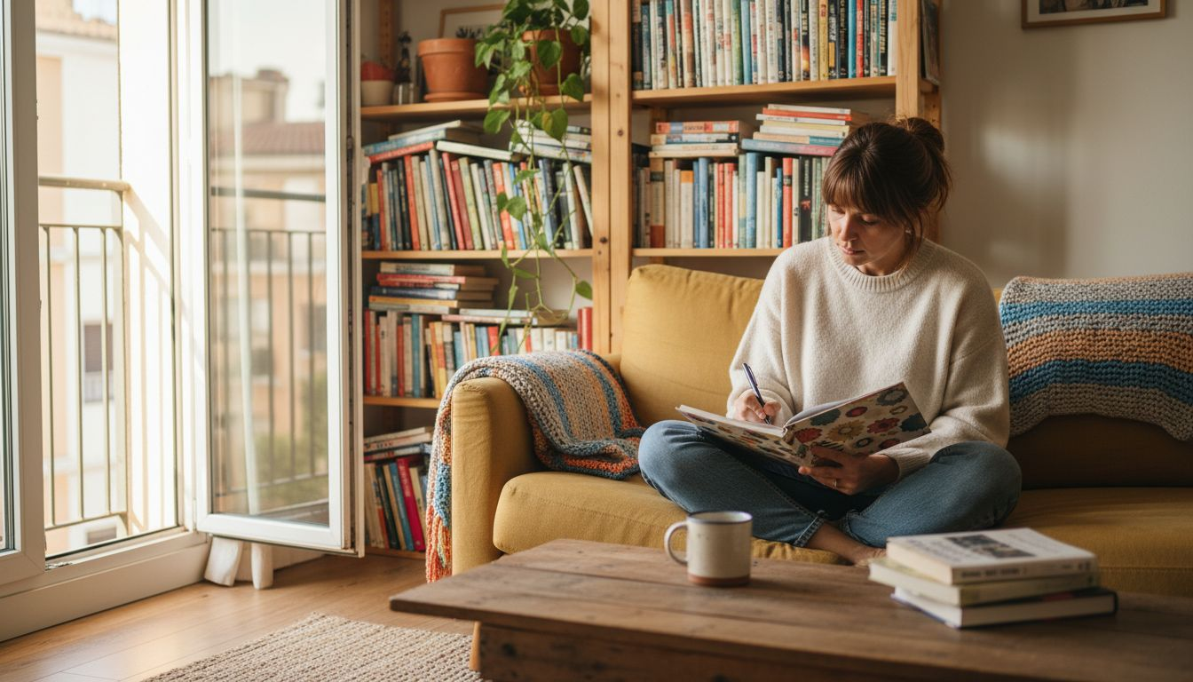 Woman journaling on cozy living room sofa