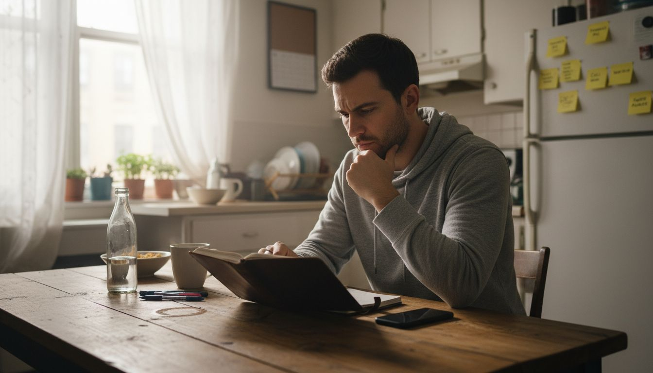 Man reviewing emotional journal at kitchen table