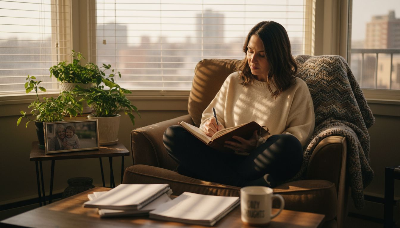 Woman journaling in safe healing home space
