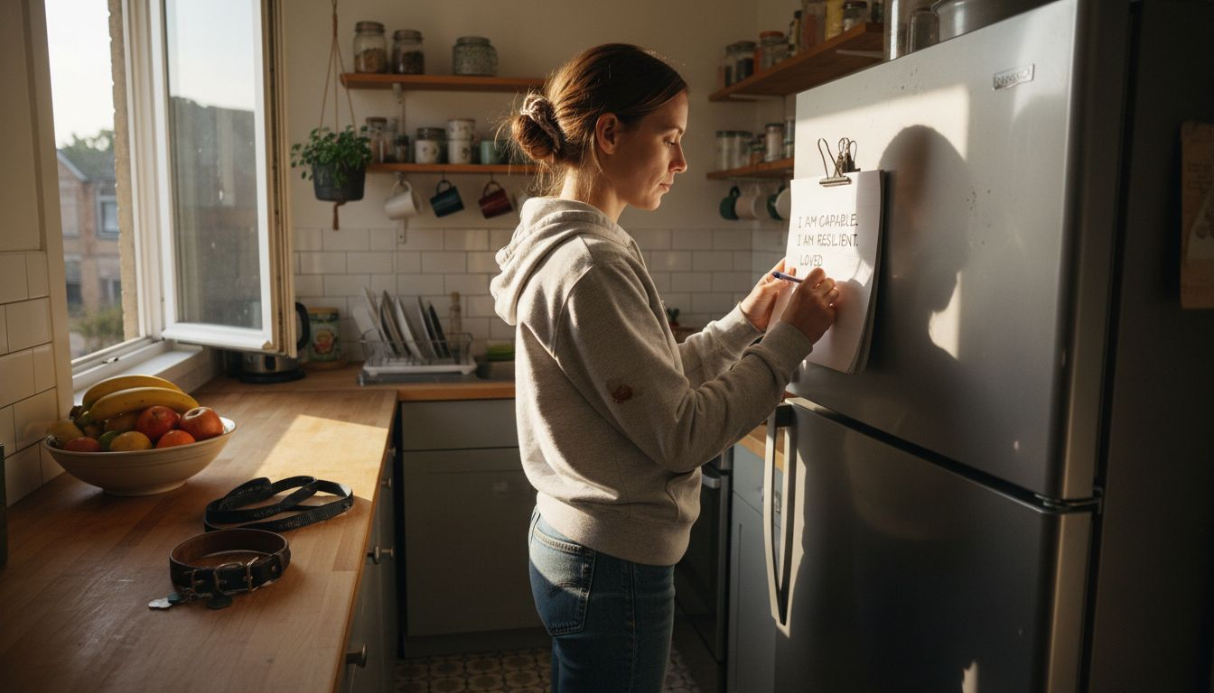 Woman writing self-affirmations in morning kitchen