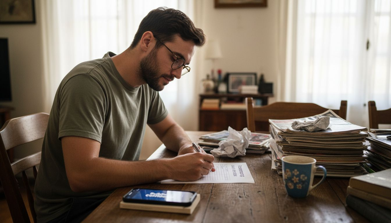 Man completing self-esteem questionnaire at table