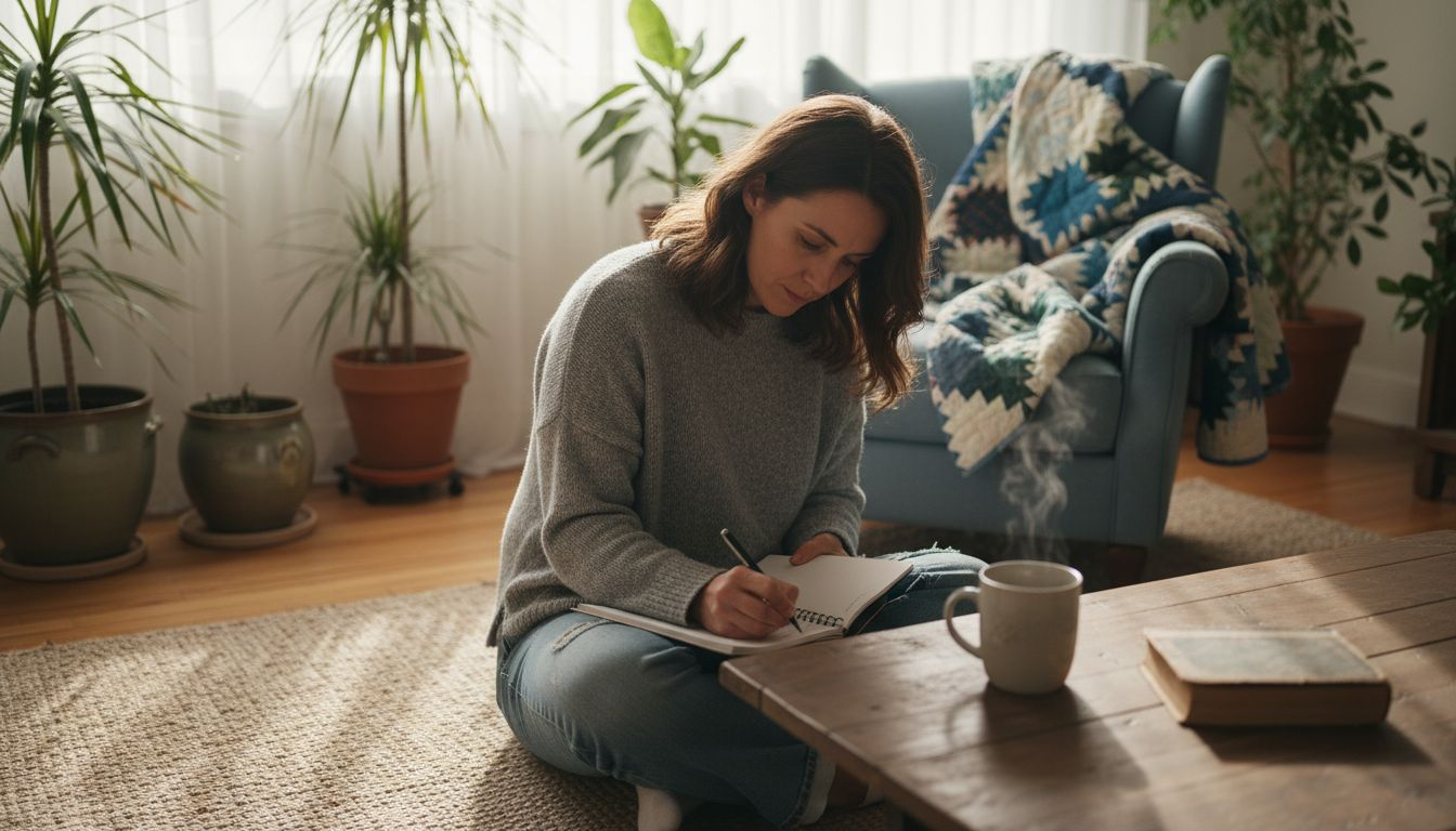Woman journaling in sunlit calm living room