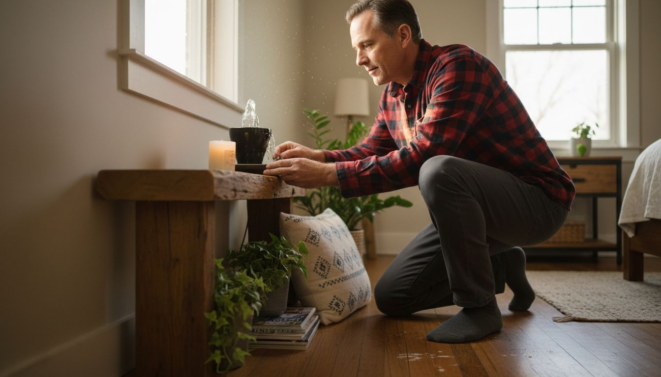 Man creating healing corner in peaceful bedroom