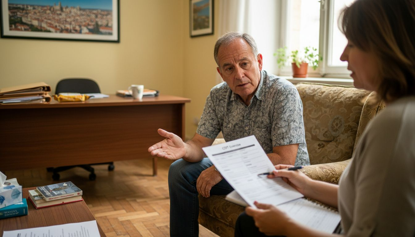 Man discussing CBT exercise in therapy