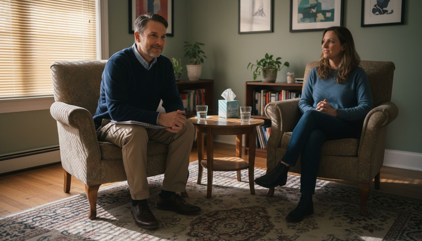 Therapist and client talking in therapy office