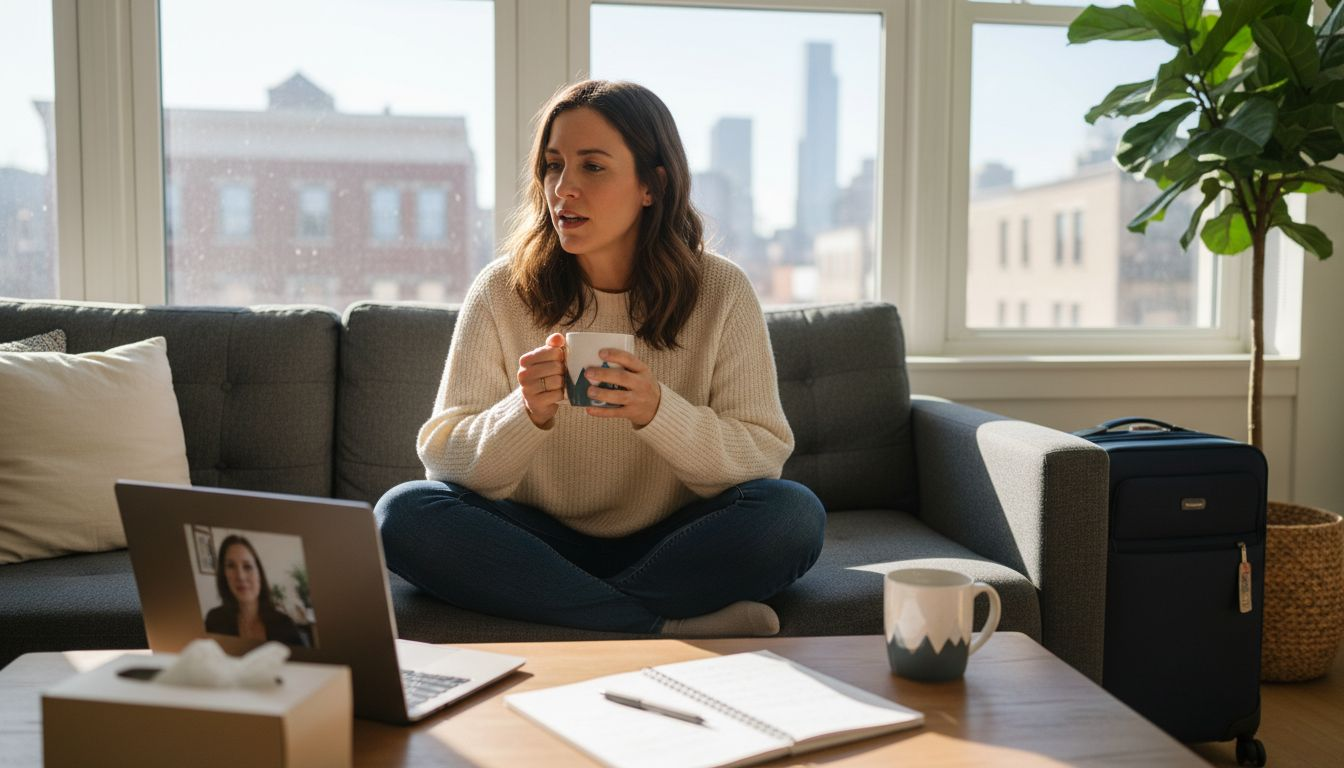 Expat in therapy video call city apartment