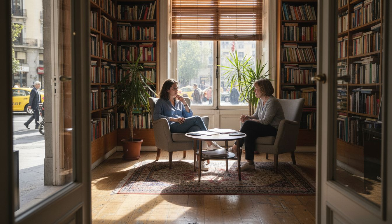 Therapist and expat discuss CBT in small office