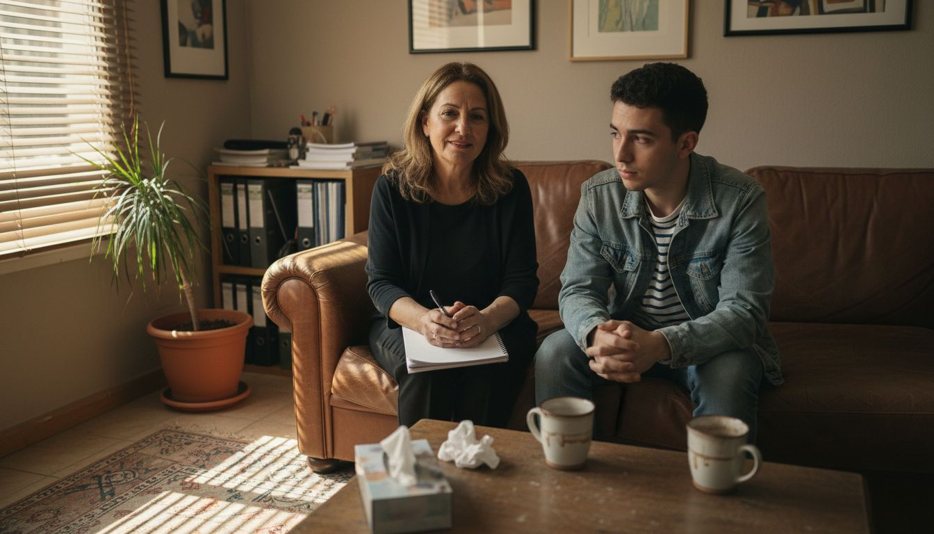 Therapist with young adult in counseling office