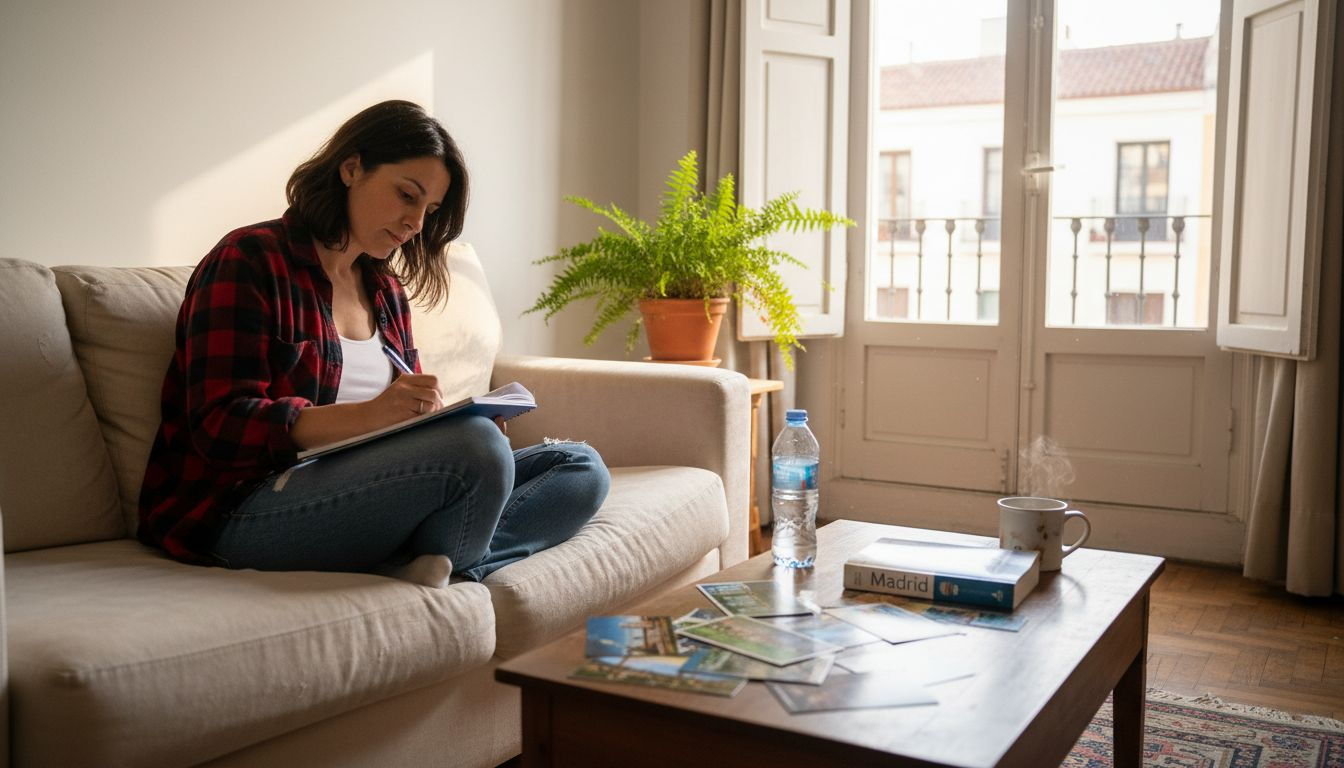 Expat woman journaling in Madrid apartment