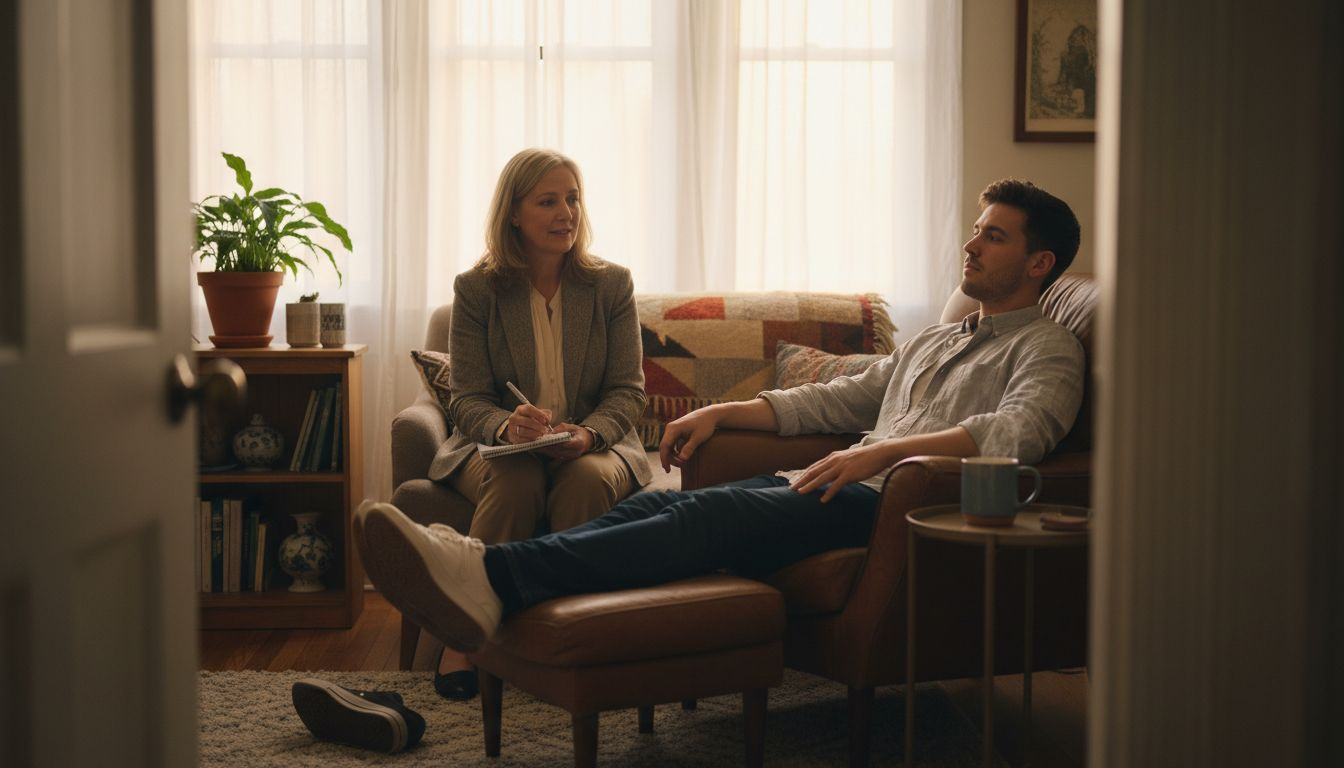 Hypnotherapist and client in relaxing therapy room