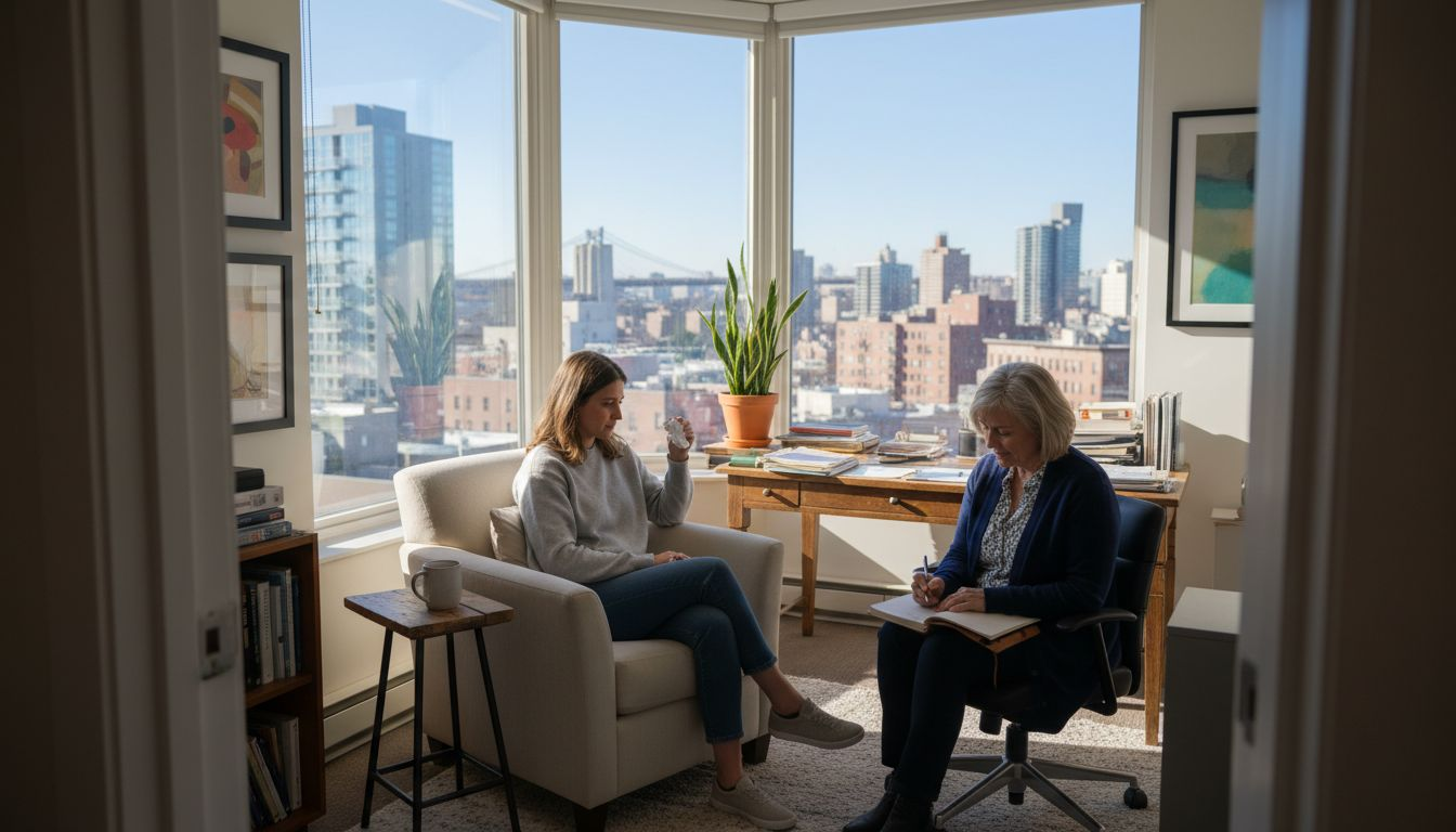 Therapy session in sunlit city office for anxiety relief