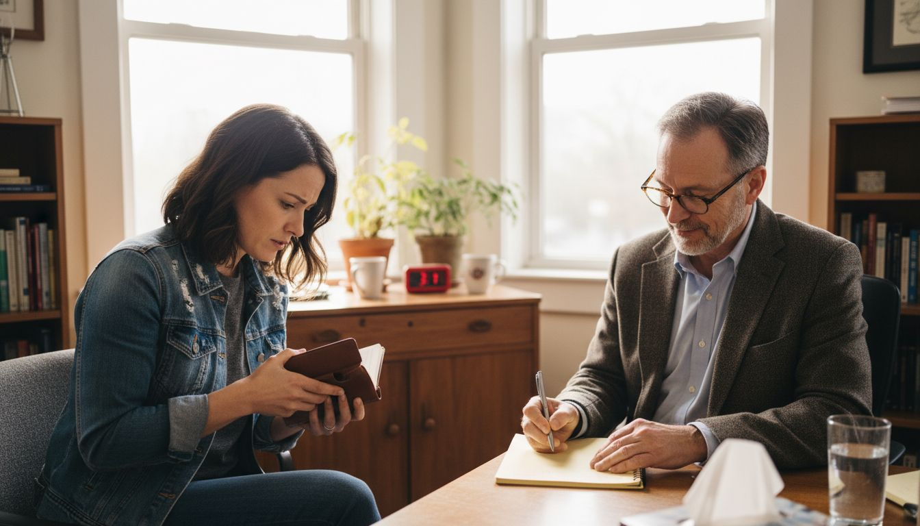 Therapist and expatriate talking in office