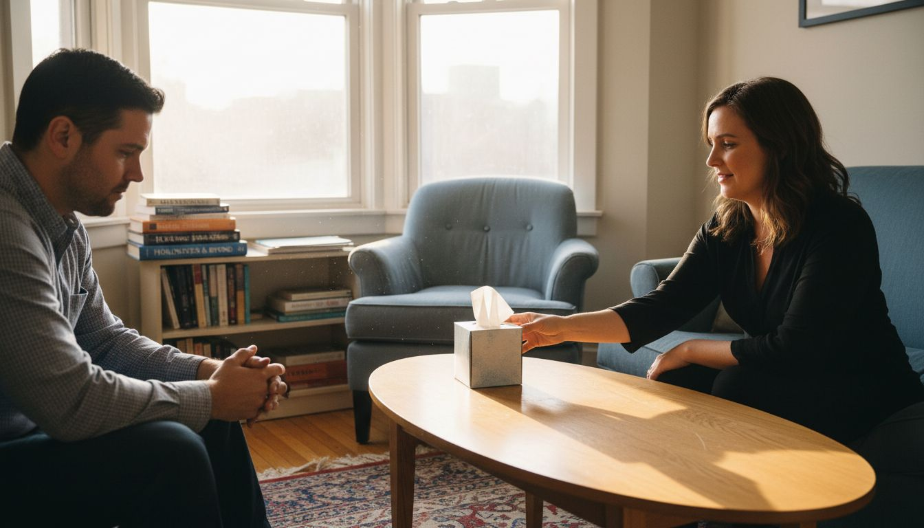 Therapist offers tissues in emotional counseling