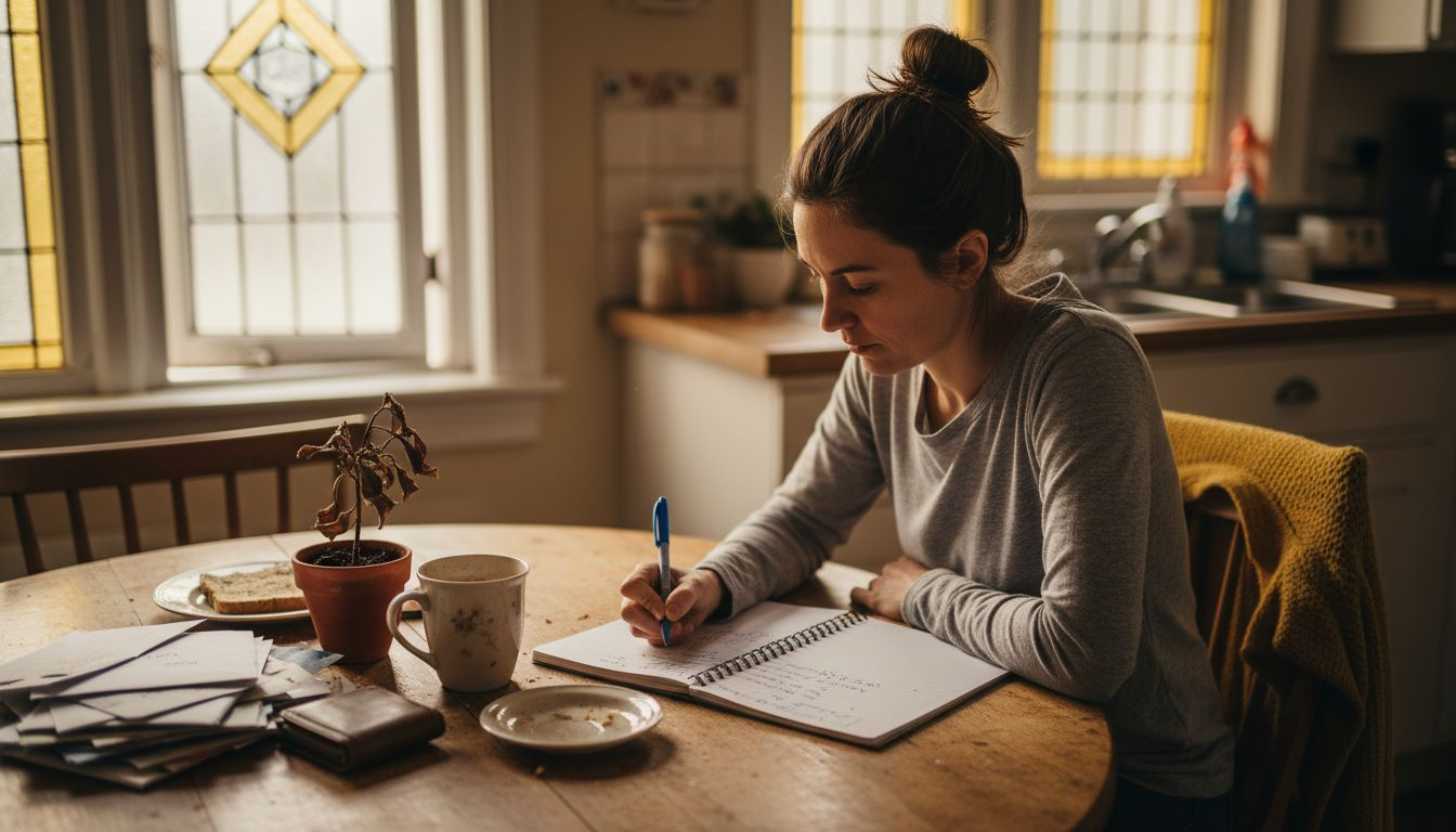 Woman journaling at kitchen table for emotional wellness