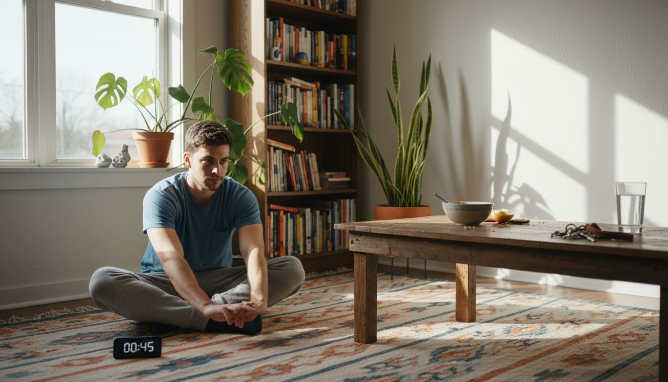 Man doing morning routine on living room rug