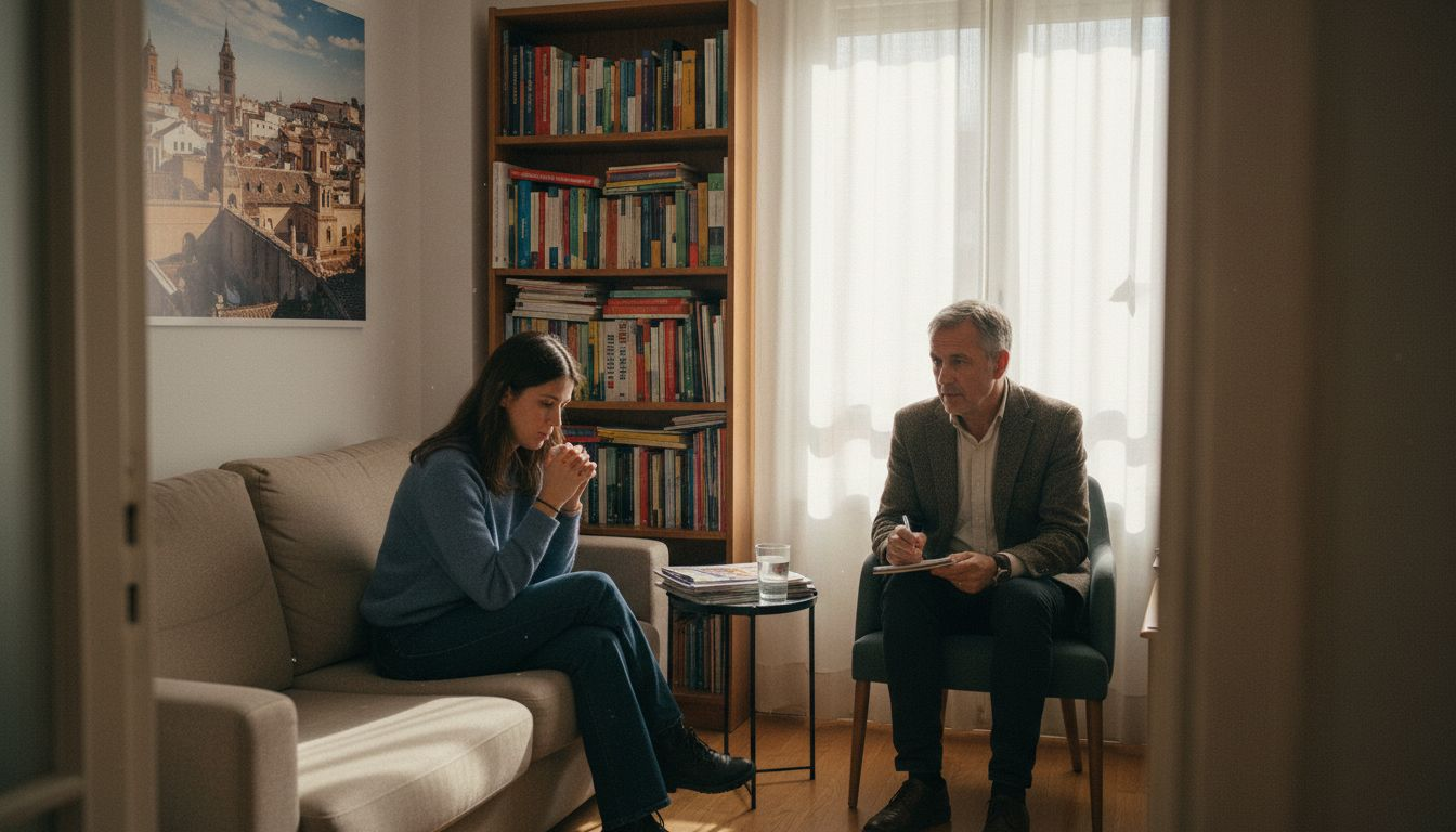 Therapist meeting expat in Madrid sunlit office