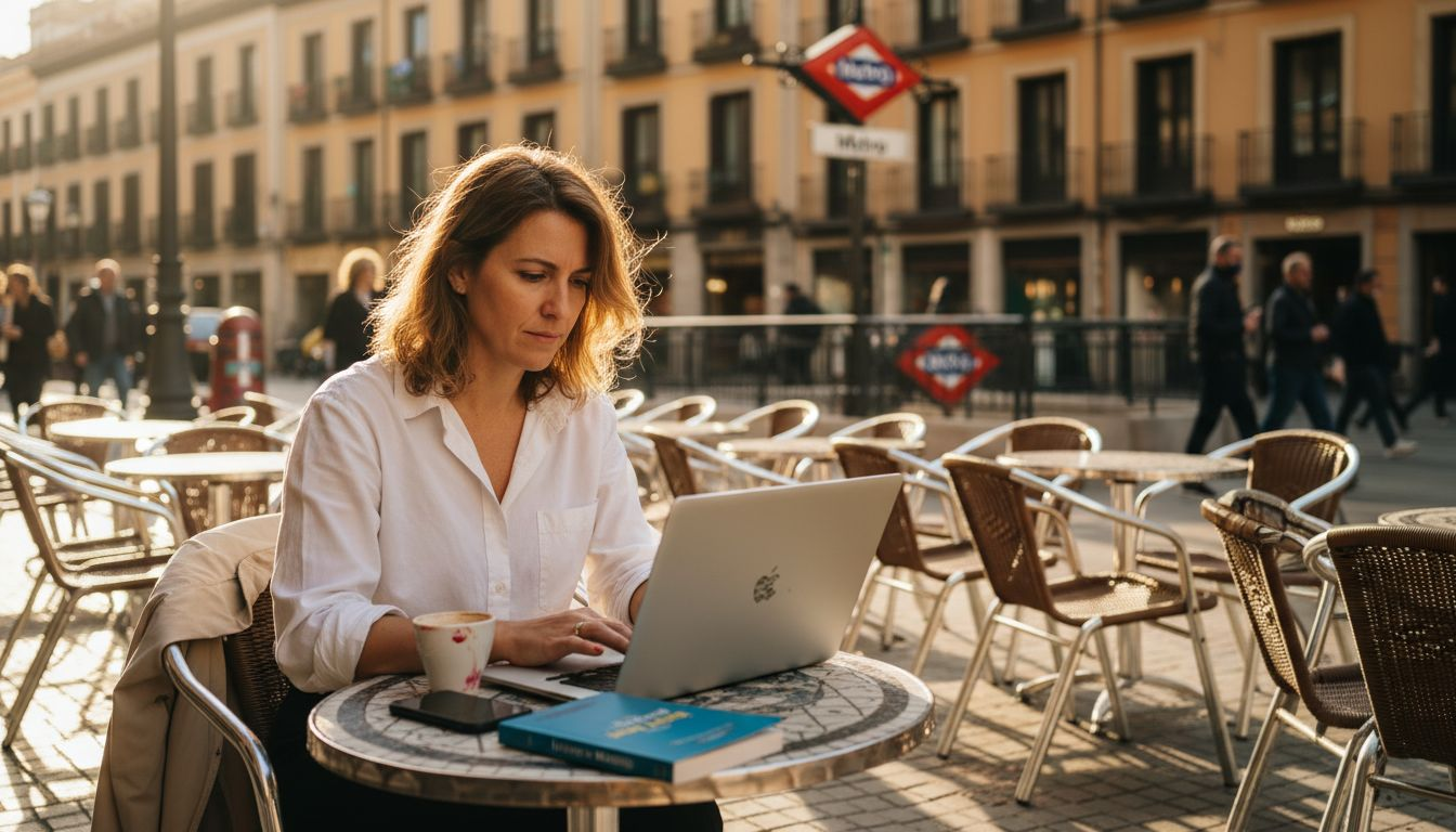 Expat woman working at outdoor Madrid café