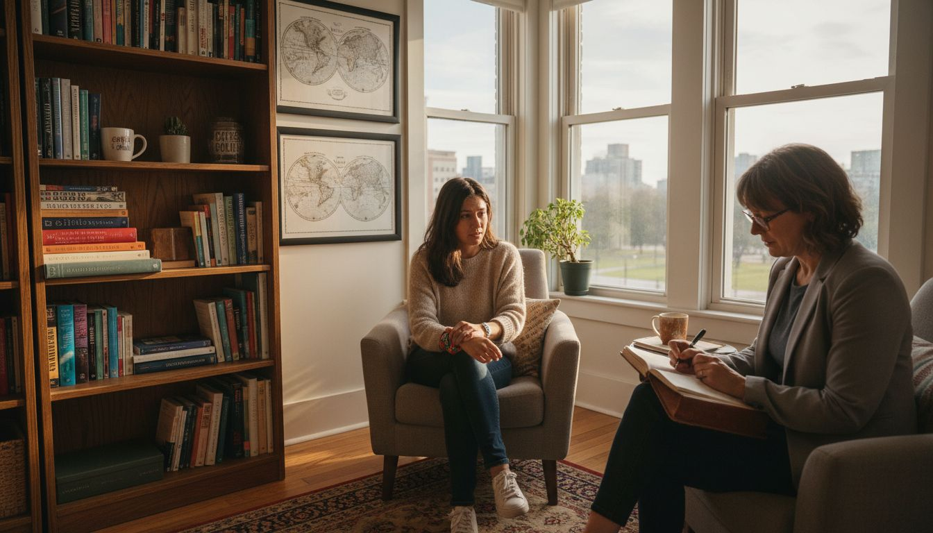 Expat in therapy session bright office