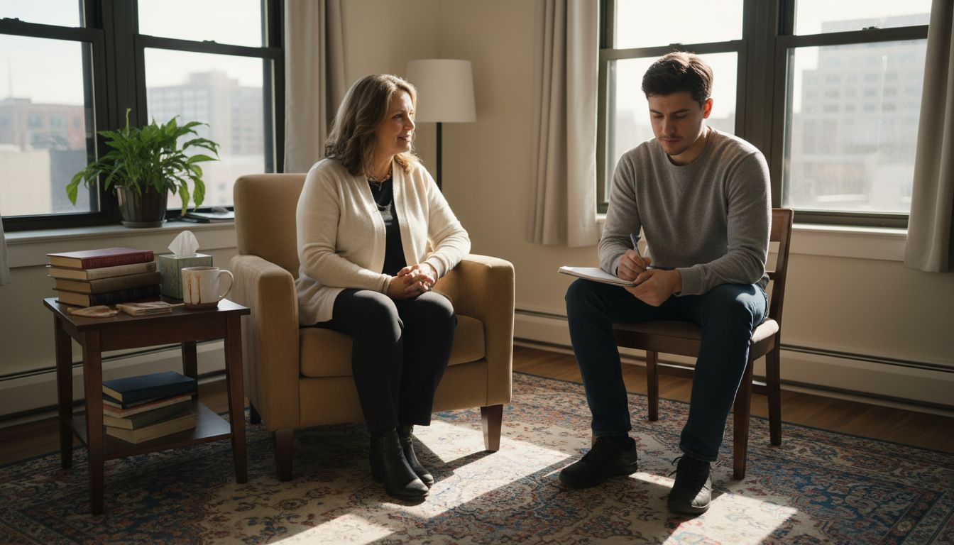 Therapist and client discussing in bright office