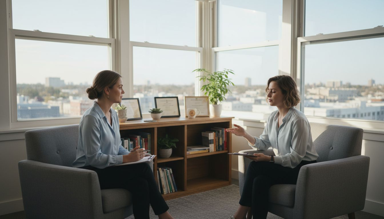 Hypnotherapist guiding client in city office
