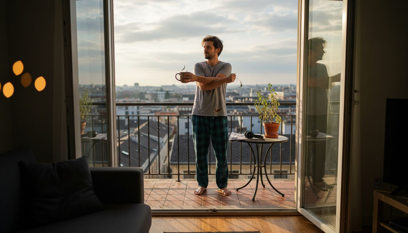 Man performing morning ritual on city balcony
