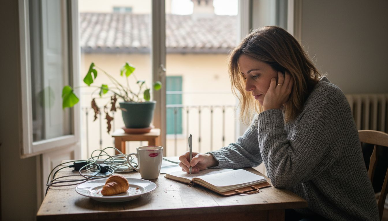 Expat woman tracking burnout symptoms at kitchen table